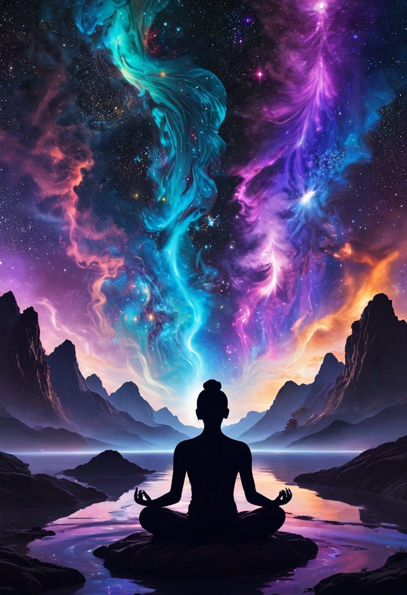 A mesmerizing cosmic landscape featuring swirling galaxies and vibrant energy currents, symbolizing connection and spiritual growth. In the foreground, a silhouette of a person meditating with glowing orbs of affection floating around them, representing emotional energy. Stars twinkle in the background, enhancing the celestial feel. The color palette should include deep blues, radiant purples, and bright whites to evoke a sense of wonder. super-realistic. vibrant colors.