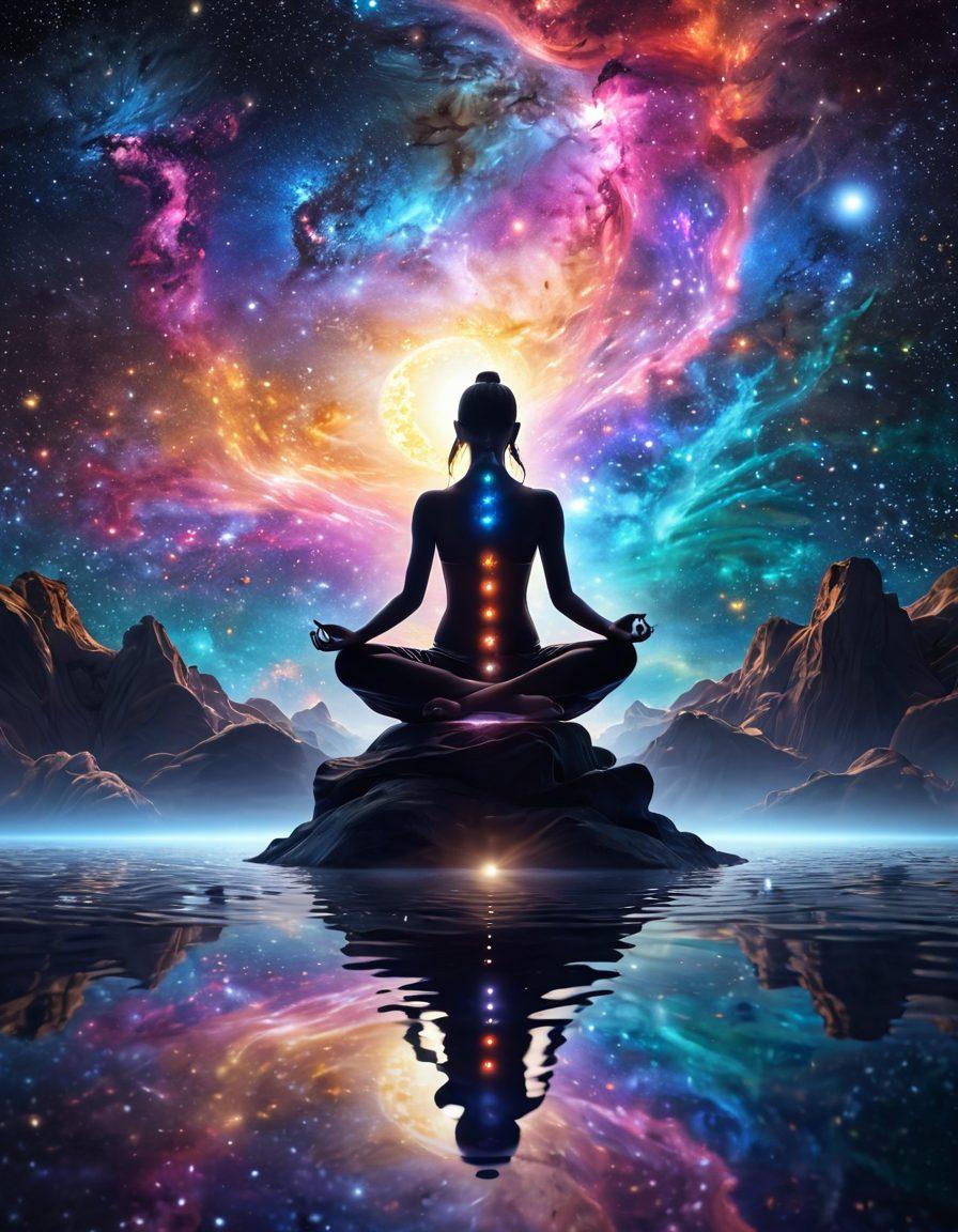 A serene cosmic landscape featuring vibrant galaxies swirling with colorful star patterns, a meditative figure in a lotus pose absorbing radiant cosmic energy, surrounded by ethereal light and celestial bodies. The foreground includes gentle waves of energy flowing like a river, symbolizing spiritual growth. A pathway made of shimmering stars leads towards a luminous sun. super-realistic. vibrant colors. 3D.