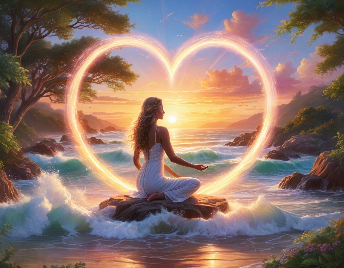 A serene scene depicting a radiant heart surrounded by energetic waves of light, symbolizing divine love and healing. Ethereal figures in gentle poses radiate warmth and peace, set against a tranquil landscape filled with lush greenery and soft pastel skies. Incorporate faint symbols of energy flow and chakra alignment throughout the scene. super-realistic. vibrant colors. calming atmosphere.